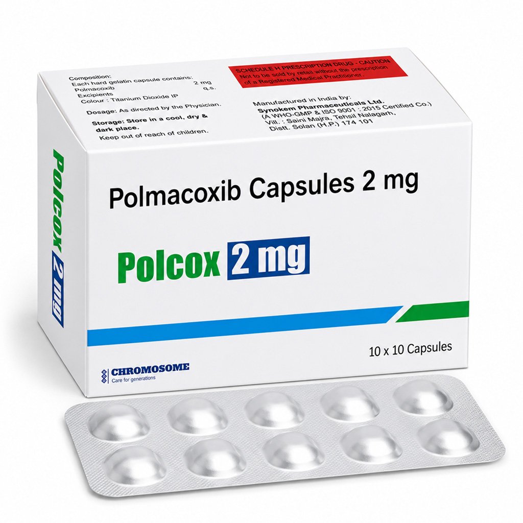 Polcox 2 mg Polmacoxib capsules by Chromosome Biotech with blister pack